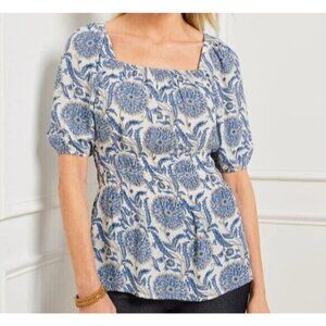Talbots Trellis Peplum Puff Sleeve Blouse Women Large Blue White Floral Smocked